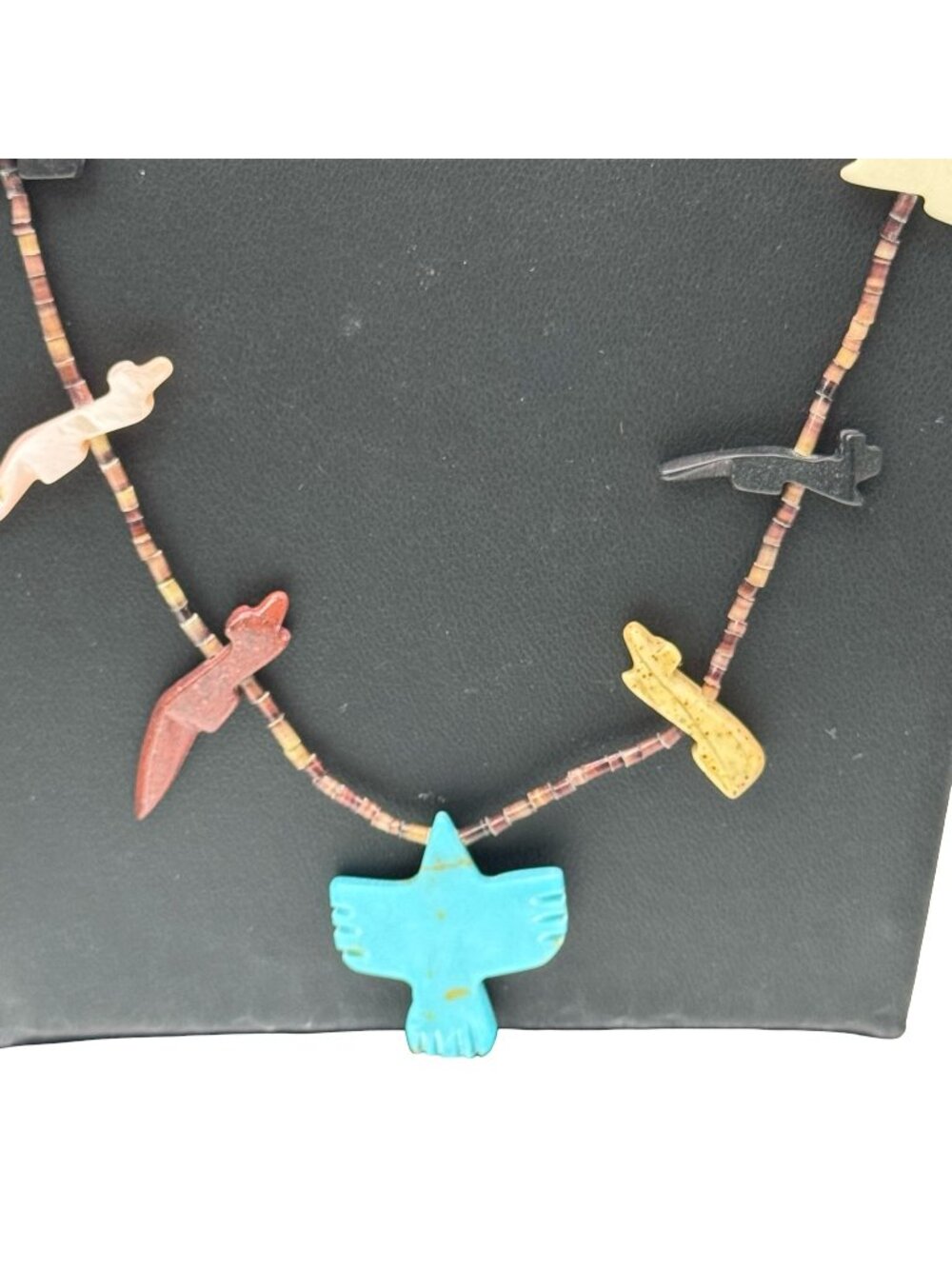 Vtg Zuni Native American Fetish Necklace Fox Thunderbird Carved Turquoise 28”